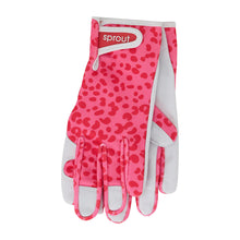Load image into Gallery viewer, Sprout goatskin gloves in pink and red cheetah spotted print against a white background.