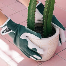 Load image into Gallery viewer, A person holding a pot, wearing the sprout goatskin gloves in green.