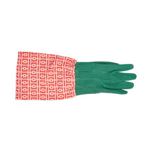 Load image into Gallery viewer, Long cotton gardening gloves shown on plain white background. The cuffs are a brick geometric pattern and the gloved part is green.