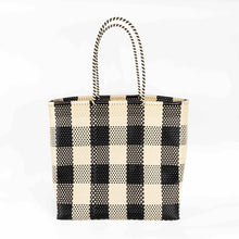 Load image into Gallery viewer, Black and white checkered woven tote bag on a white background