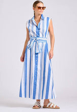 Load image into Gallery viewer, Woman wearing a blue and white striped dress on a plain background