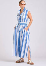 Load image into Gallery viewer, Woman wearing a blue and white striped dress with a belt on a plain background