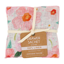 Load image into Gallery viewer, Floral linen drawer sachet with a label on a white background