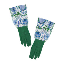Load image into Gallery viewer, Green gardening gloves with patterned cuffs on a white background