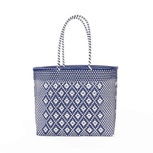 Load image into Gallery viewer, Blue and white patterned tote bag on a white background