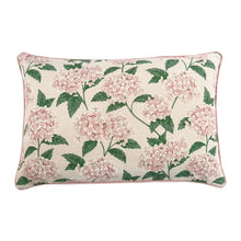Load image into Gallery viewer, Floral-patterned pillow with pink flowers and green leaves on a white background