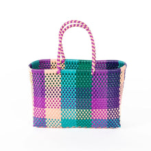 Load image into Gallery viewer, Multicolored woven bag with patterned handles on a white background