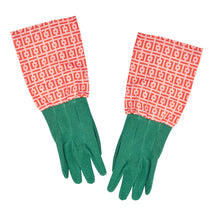 Load image into Gallery viewer, Long cotton gardening gloves shown on plain white background. The cuffs are a brick geometric pattern and the gloved part is green.