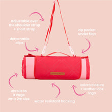 Load image into Gallery viewer, Diagram of red and pink picnic mat showing each of the features.